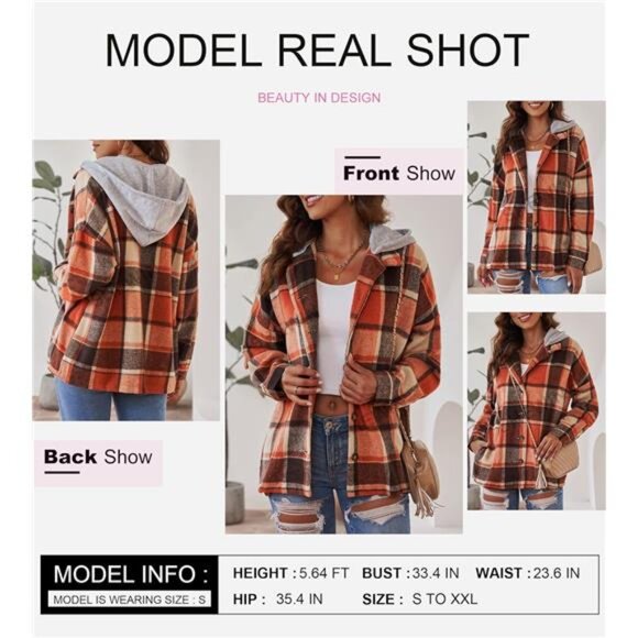 Womens Long Sleeve Button Down Plaid Shirts Flannel Hooded Shacket Jacket Hoodie - Picture 4 of 6